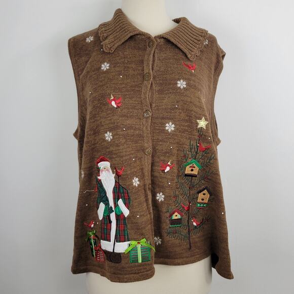 Merry & Bright Sweaters - Merry & Bright Brown Sleeveless Button Down Cardigan Sweater Santa Holiday XL